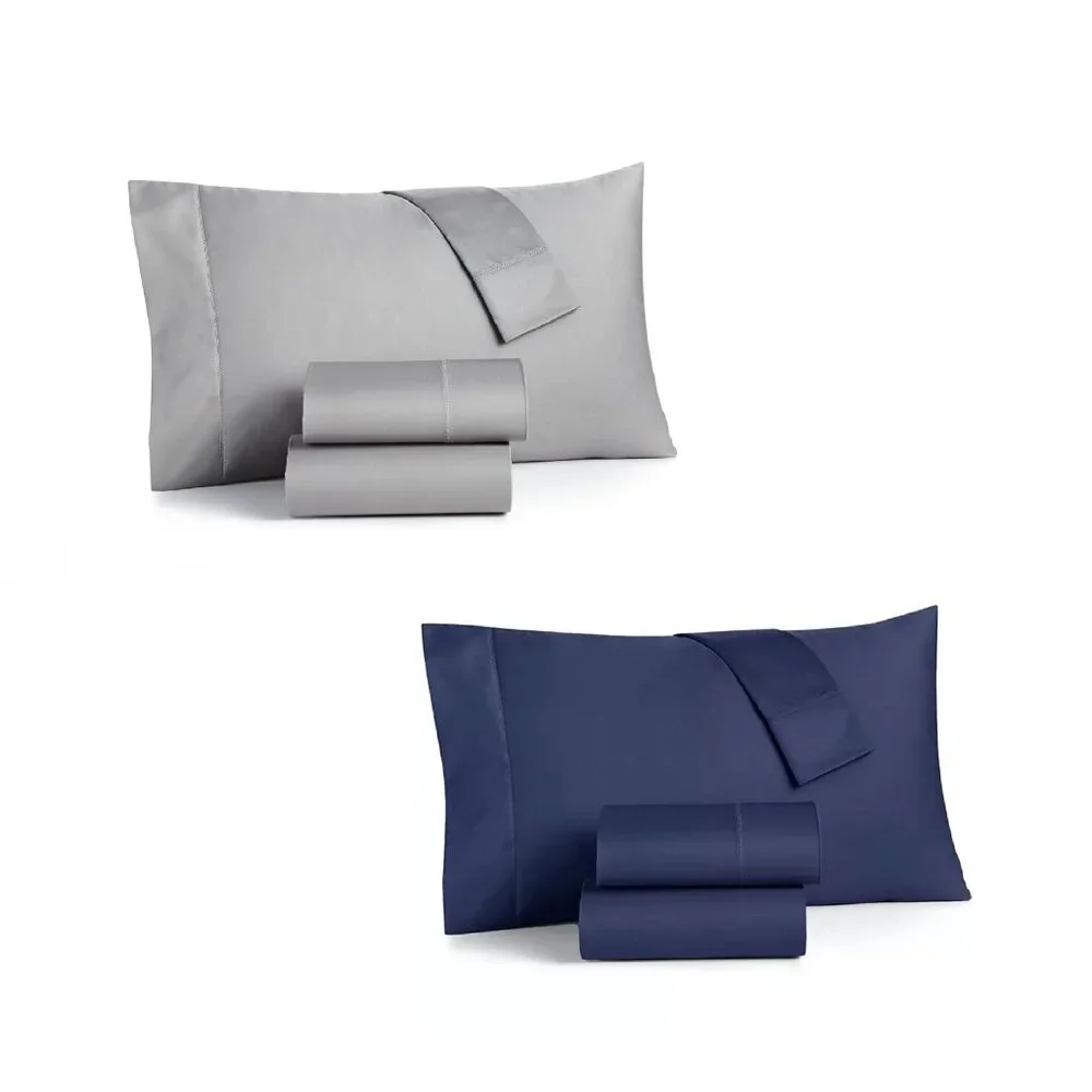 2 Charter Club Damask SOLID 550 TC Cotton KING Sheet Sets = SMOKE + NAVY PEONY